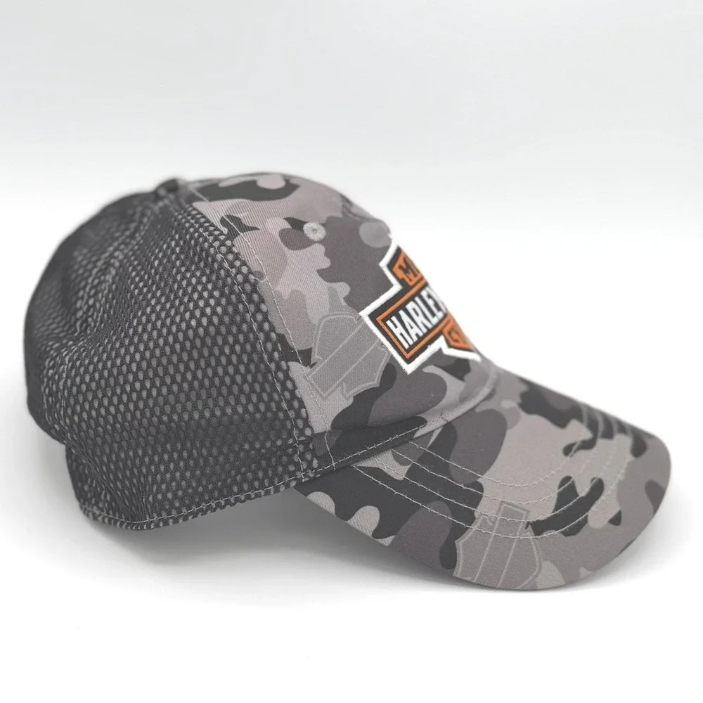 Harley-Davidson Mens Camo Trucker Hat Grey Black Mesh Bar & Shield Logo Cap 2020